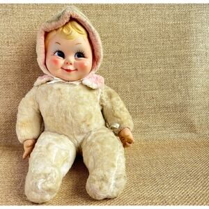 Vintage 1960s Rushton Doll Plastic Face, White Velour Plush Body w/ Pink Trim